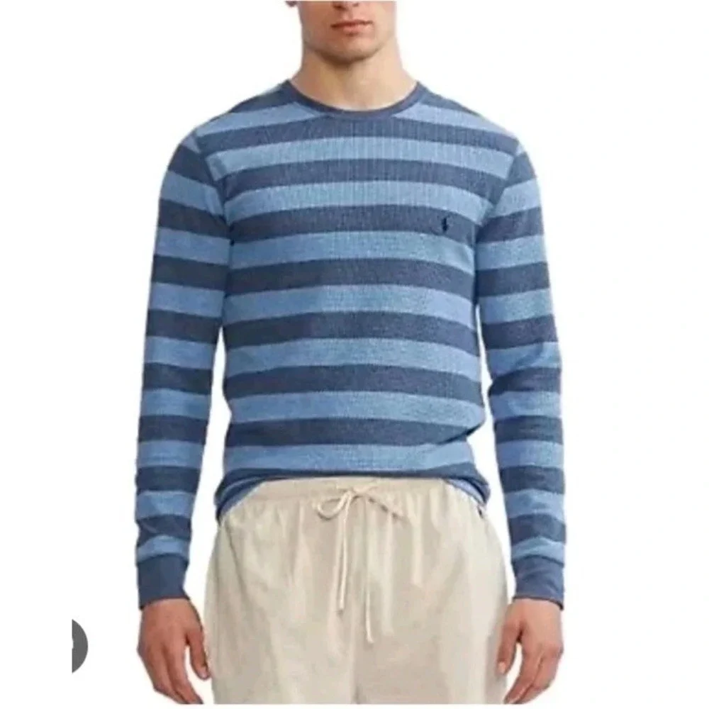 Polo Ralph Lauren Shirt‎ Mens Small Blue Striped Thermal Waffle Knit Pullover
